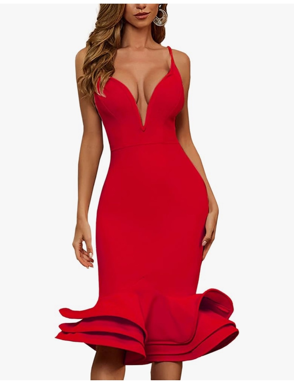 Elegant Red Sleeveless Deep V-Neck Body Con Cocktail Dress with 3D Flare Accent